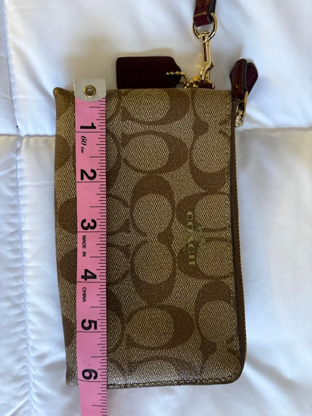 Coach Brown Signature Canvas Wristlet with Burgundy Strap with Dust Cover - Picture 10 of 11